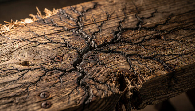 Lichtenberg Figure Electric Discharge Burn Pattern on Rustic Old Wooden Plank with Screws and Wood Grain Texture, Macro Photography of Fractal Lightning Marks on Aged Weathered Wood