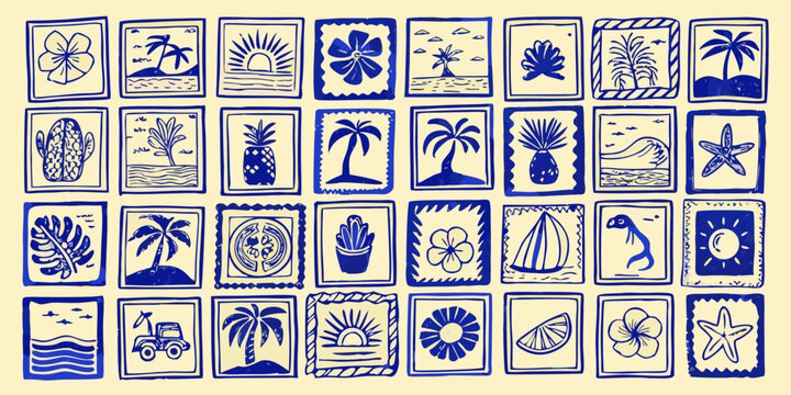 Tropical floral and beach themed stamps blue linocut style