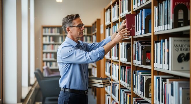 A man carefully selecting a book from a well-stocked library shelf, engrossed in his choice