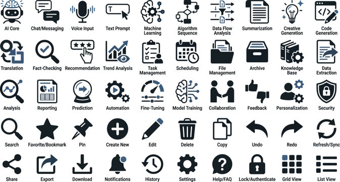 Artificial intelligence icons set flat design with various ai concepts