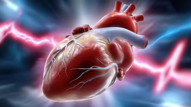 Anatomical heart illustration with electrical activity