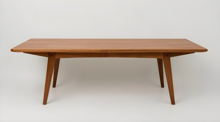 Fototapeta premium A rectangular wooden table isolated on a white setting. Its angled legs and simple frame create a clean mid-century modern style.