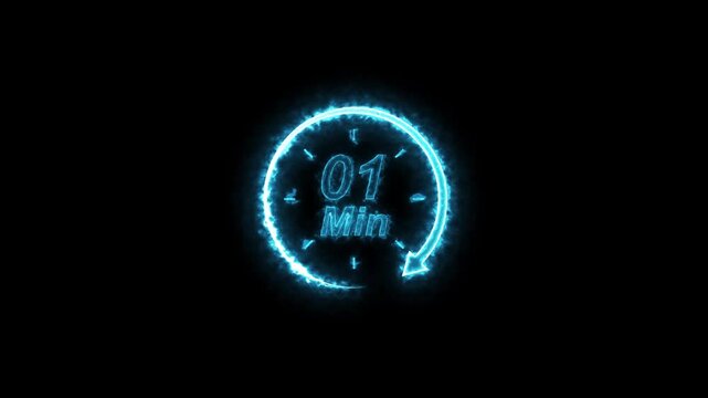 Glowing Blue Neon Clock with Countdown Timer 7 min on Black