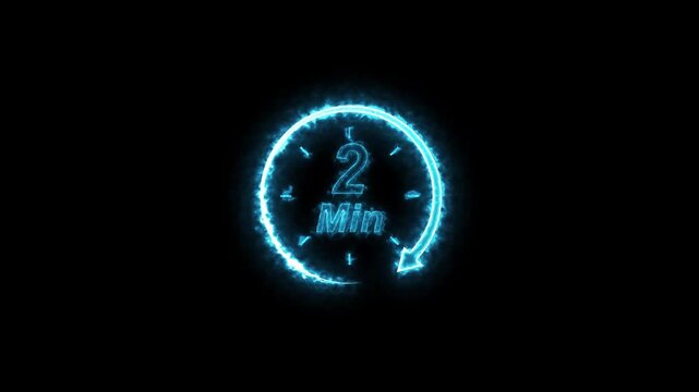 Glowing Blue Neon Clock with Countdown Timer 7 min on Black.4k video
