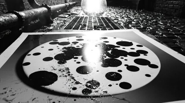 Black and white still life with light bulb illuminating a circular artwork in a grimy alley setting