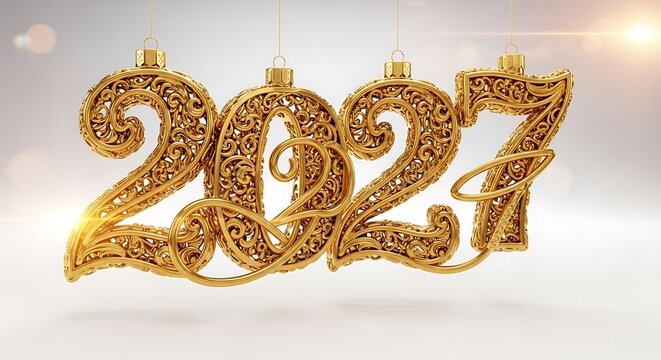 Elegant 2027 golden numbers hanging as festive Christmas ornaments on a soft white background