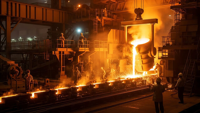 Vibrant industrial interior of a metallurgical plant showing glowing molten steel poured into casting molds generating a mesmerizing light within a heavy foundry metal production facility.