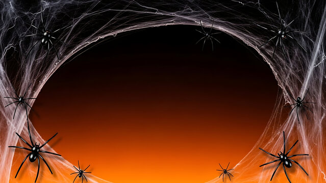Captivating Halloween backdrop featuring intricate spider webs and dark arachnids silhouetted against a vibrant orange background, spooky festive design for seasonal celebrations and parties.