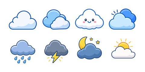 Obraz premium Cute weather icon set with clouds, rain, thunderstorm, moon, and sunshine in flat cartoon style. Adorable climate vector collection for apps, forecasts, and web design.