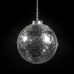 Fototapeta premium Gleaming mirrored orb suspended by a chain against a dark backdrop