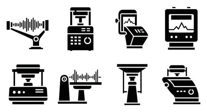 Scientific Instruments Icons Set: Seismograph, Spectrometer, Oscilloscope, Lab Equipment