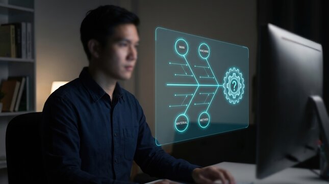 Root Cause Analysis and Quality Management Concept: Person Viewing Holographic Fishbone (Ishikawa) Diagram with Man, Machine, Material, and Method Nodes
