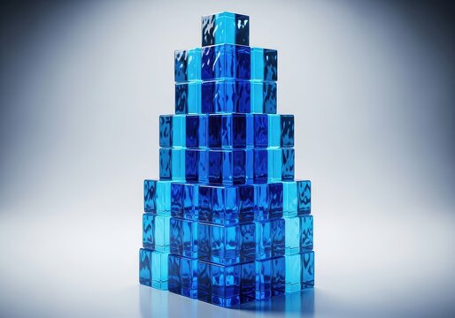 Conceptual illustration showing impossible physics: pure blue water molded into rigid cubes and meticulously stacked into a towering pile, high, cube, transparent