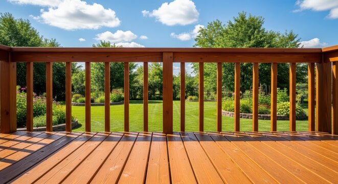 A freshly stained wooden deck surface and railing overlooking a lush green lawn and garden beds during sunny summer weather, ready for relaxation, construction, Deck, support