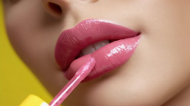 Applying lip gloss on full lips close up