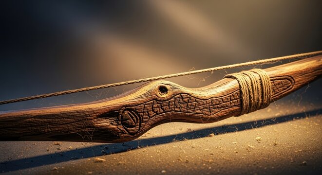 Close view of a weathered wooden longbow, partially obscured by dust, evoking a sense of forgotten secrets and historical investigation, historical, forgotten, solve