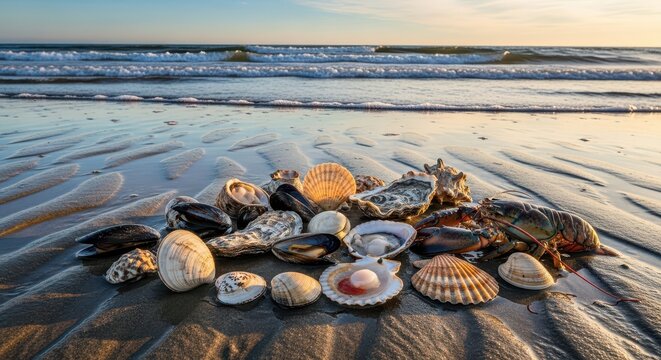 Natural coastal scene showing fresh, assorted mollusks and crustaceans resting on wet sand near the ocean waves during low tide collection, background, foraging, summer
