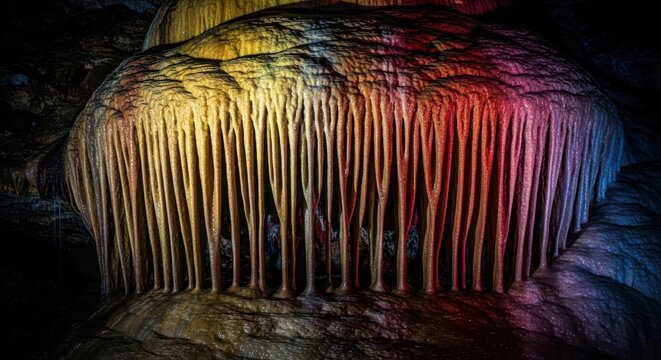 Detailed macro view of smooth, layered calcite deposits and shimmering flowstone cascading down a dark, damp subterranean wall, damp, helictite, ancient