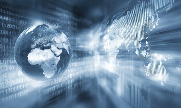 Digital globe and map with streams of binary code and light