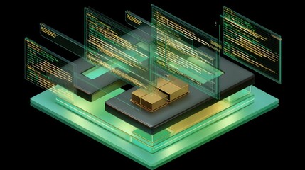 Fototapeta premium Abstract digital layers with glowing code and geometric shapes