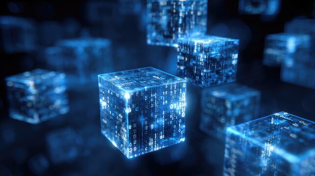 Digital glowing cubes with binary code flowing within them