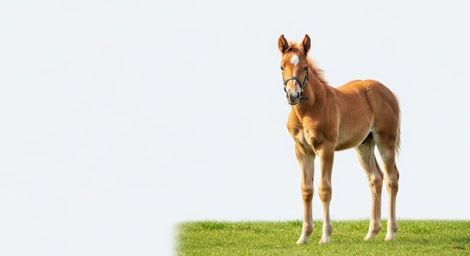 A beautiful young foal standing calmly in a grassy field. Its coat is the classic light reddish-brown, fluffy and soft, juvenile, peaceful, cute