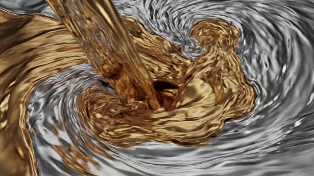 Liquid gold pouring into silver vortex. Metallic fluid swirl creating abstract motion. Luxury molten metal mixture blending texture for background design concept.