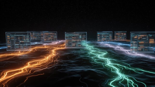 Geometric data centers bathed in cosmic light, flowing with energy