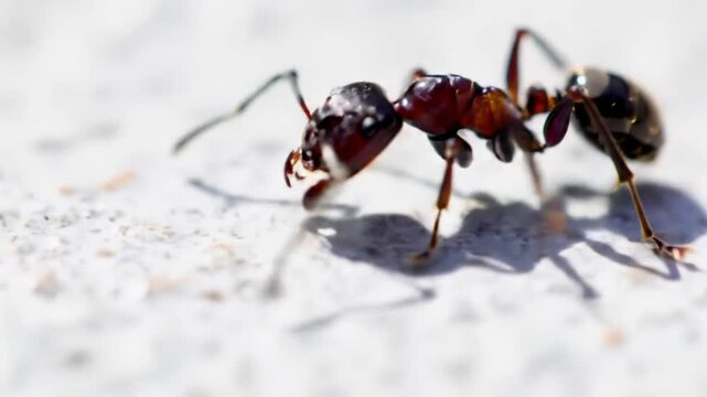 Close up of a single ant crawling on a textured surface macro