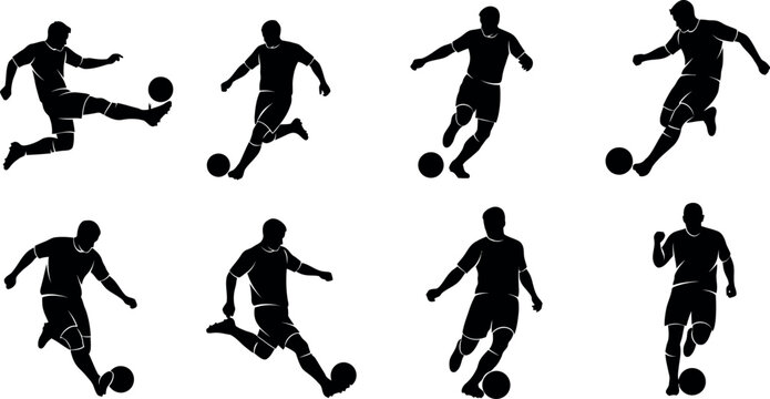 Flat vector illustration showing a soccer player in various dynamic poses including kicking, running, and dribbling a ball.