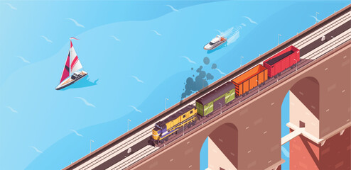 Isometric illustration of a train on a bridge with boats on the water, dipicting transportation vector illustration © Saumitra