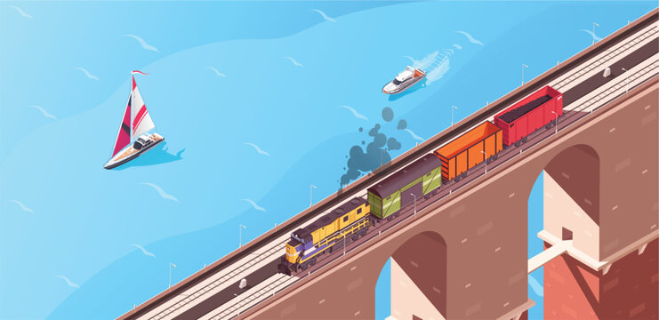 Isometric illustration of a train on a bridge with boats on the water, dipicting transportation vector illustration