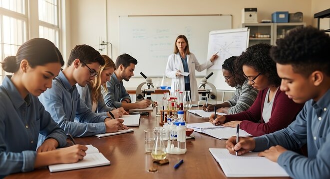Students learning in a classroom with a teacher explaining on a whiteboard
