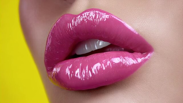 Close up of glossy lips with vibrant color and high shine