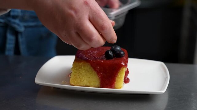 Traditional Turkish Revani Dessert with Plum Sauce and Blueberries