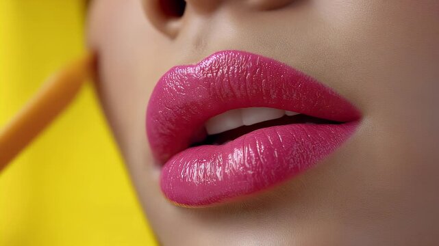 Close up of pink lips against a yellow background