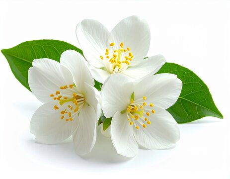 Beautiful white jasmine flowers with green leaves isolated on white background. Fragrant jasmine bloom for aromatherapy.