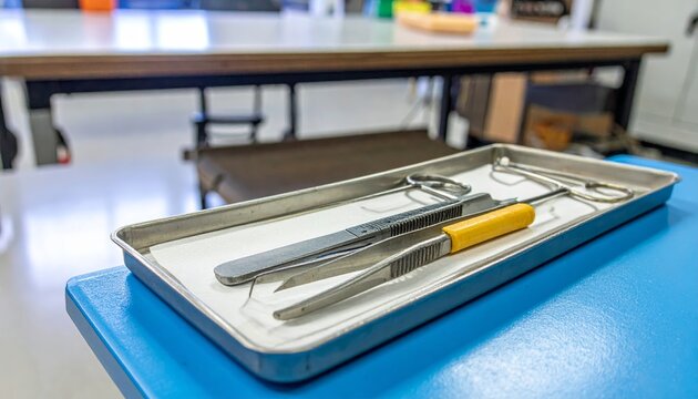 Dissection tools neatly arranged in a medical tray