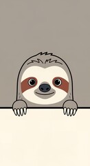 Fototapeta premium Adorable cartoon sloth peeking over a blank space, cute illustration of a slow-moving mammal with big eyes and a friendly smile