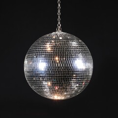 Obraz premium Reflective sphere hanging from chain against black background