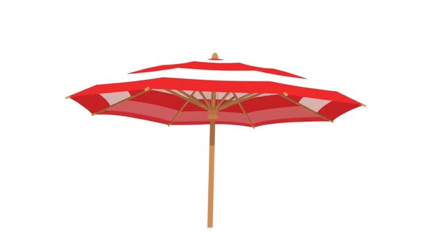 Red and white striped two-tiered beach umbrella with a wooden pole, isolated on a white background.