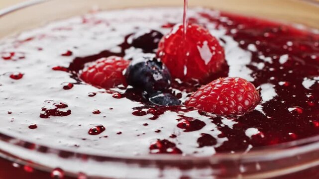 Close up of fresh berries raspberry and blueberry in glass bowl