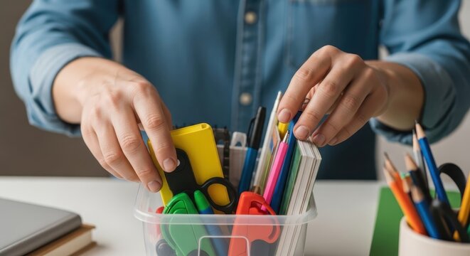 Person arranging colorful school supplies in a clear plastic container, preparing for education and organization