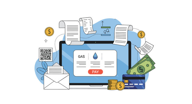 Online utility bill payment concept showing a laptop with a gas bill interface surrounded by cash coins and cards.