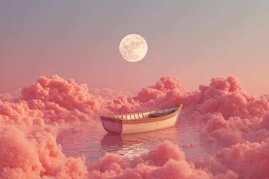 Serene boat drifts on calm water amid pink clouds under a luminous moon