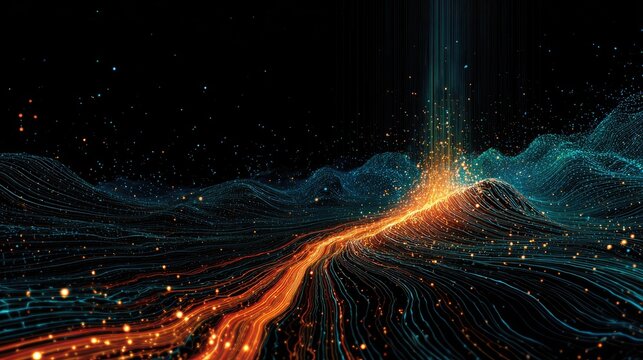 Digital landscape with glowing energy flowing through terrain