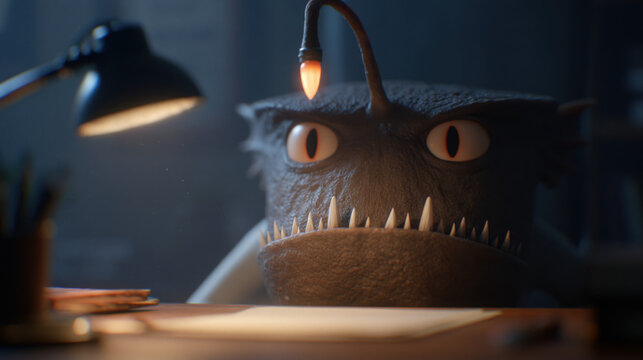Menacing Cartoon Monster Boss Character with Glowing Eyes and Toothy Grin