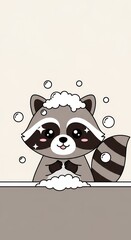 Fototapeta premium Cute cartoon raccoon with sparkly eyes and soapy bubbles, taking a bath in a tub with a neutral background