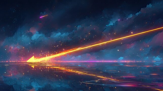 Abstract Neon Light Trail Reflecting on Water Surface.