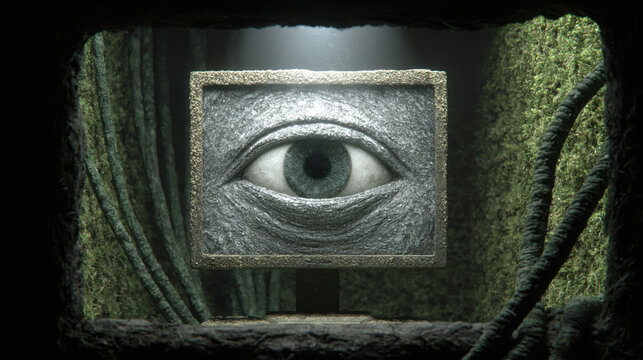 Eerie Eye on Decayed Monitor Screen Surrounded by Moss and Deep Shadow